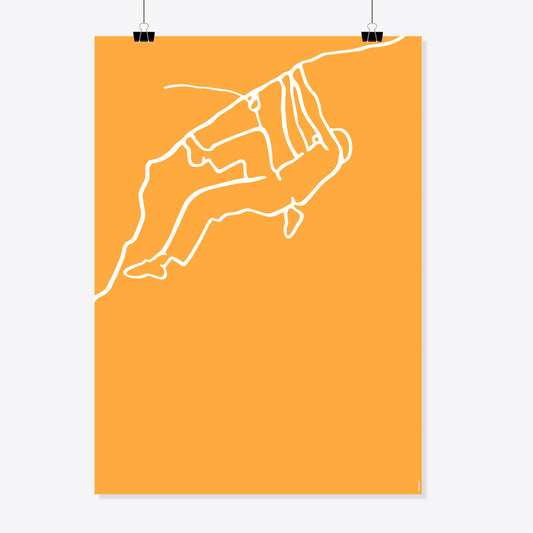 NaniManu Plakat «Klettern» – weisse Linienzeichnung: Kletterfigur hängt an einer Felskante, auf sonnengelb-orangem Grund