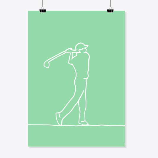 NaniManu Plakat «Golf» – weisse Linienzeichnung eines Golfers mit Cap im Ausschwung auf hellgrünem Grund