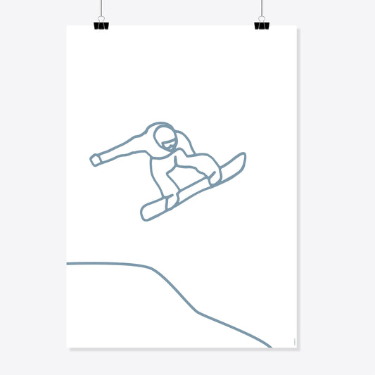 NaniManu Plakat «Snowboarden» – graublaue Linienzeichnung einer Snowboard-Figur im Sprung über der Hangkante auf weissem Grund