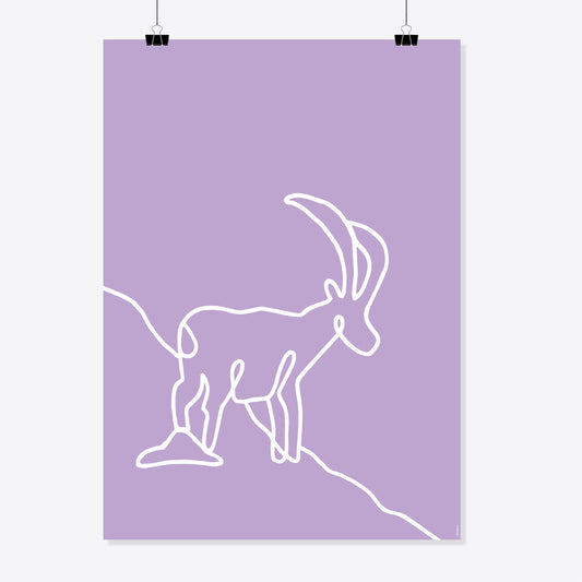 NaniManu Plakat «Steinbock» – weisse Ein-Linien-Zeichnung eines Steinbocks mit geschwungenen Hörnern auf fliederfarbenem Grund