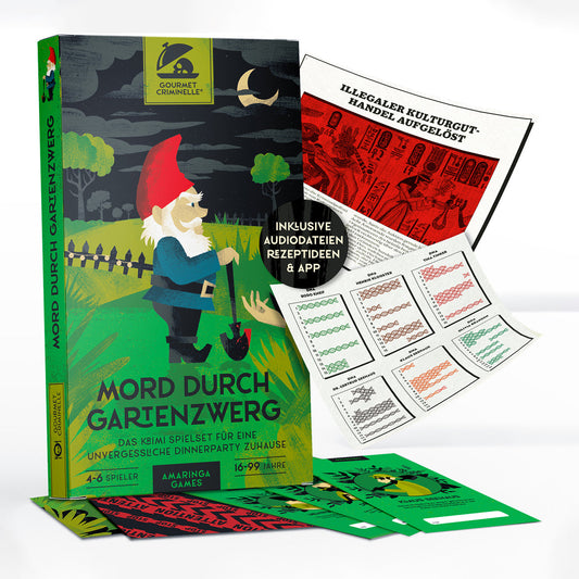 Mord durch Gartenzwerg Krimidinner – Spielbox-Cover mit Kleingarten-Illustration von Gourmet Criminelle