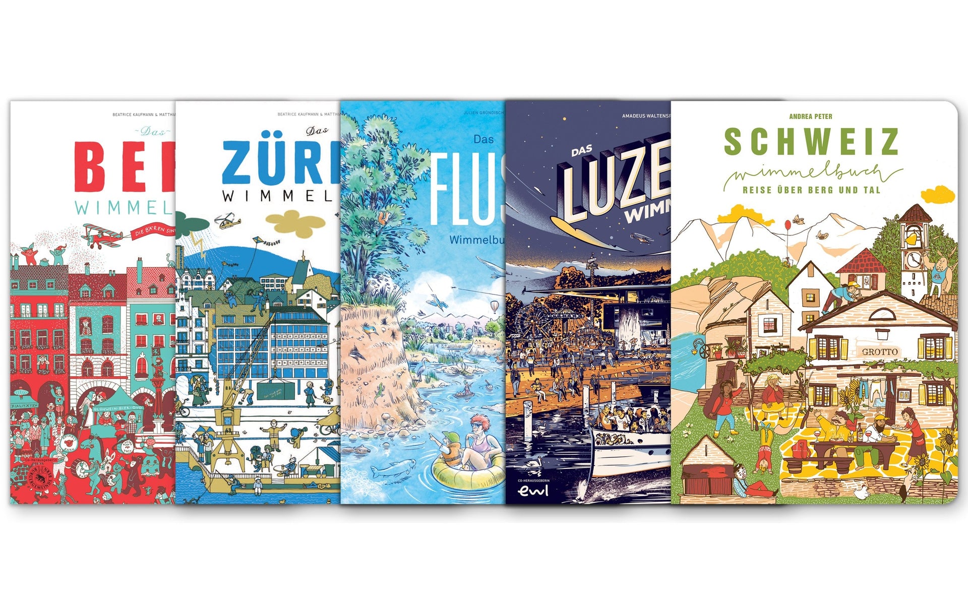 vatter&vatter Wimmelbücher bei NaniManu – Cover von Bern, Zürich, Fluss, Luzern und Schweiz Wimmelbuch