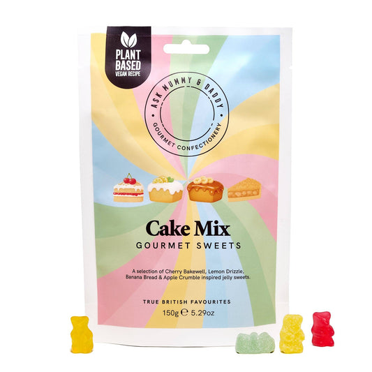 NaniManu Cake Mix Gummis (Ask Mummy & Daddy) – pastellfarbener Beutel mit vier Kuchen-Illustrationen und Vegan-Label, 150 g