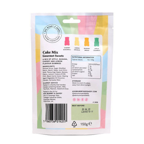NaniManu Cake Mix Gummis – Rückseite mit den vier Sorten, Zutaten und Nährwerten