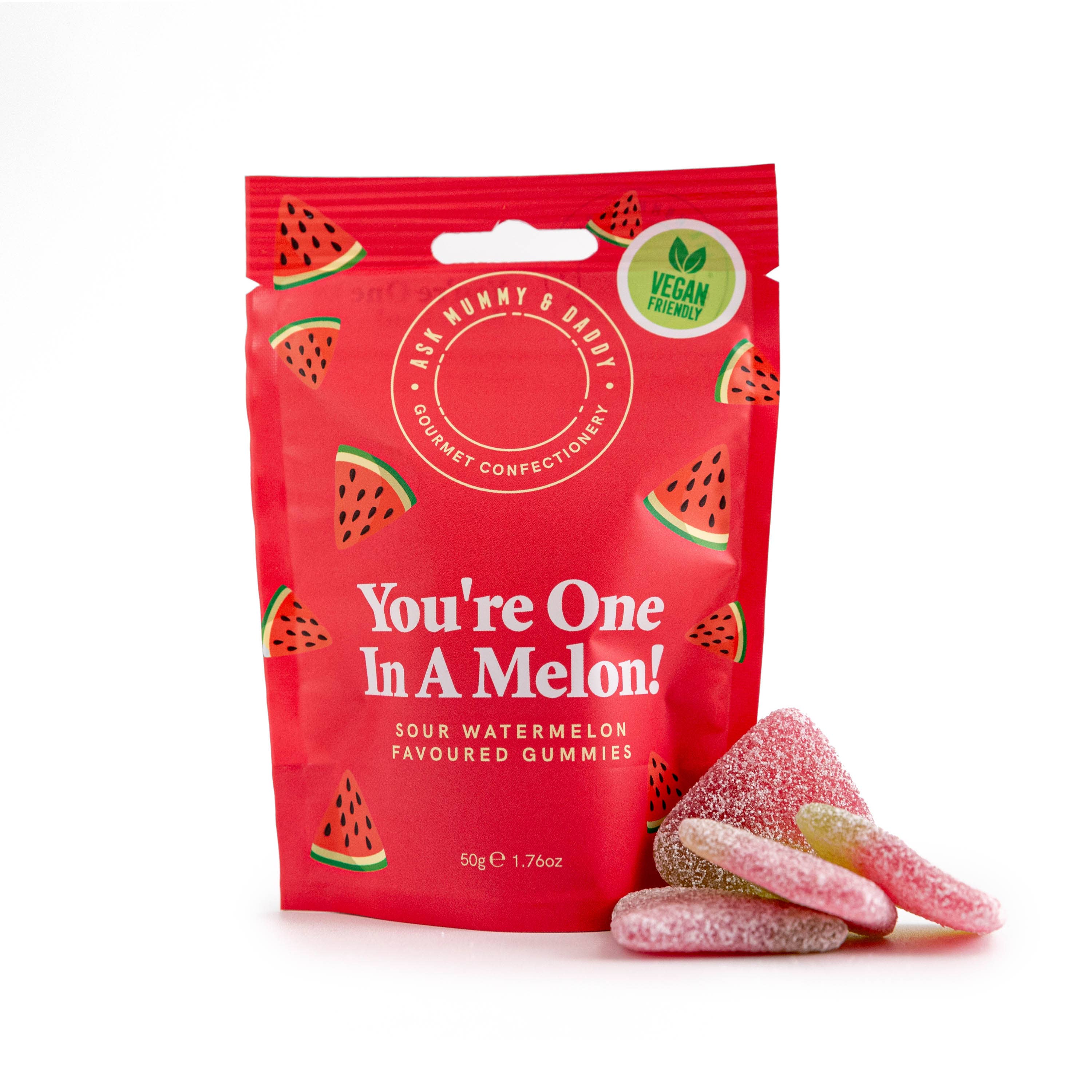 NaniManu Gummis «You’re One In A Melon!» – Beutel mit gezuckerten Wassermelonen-Gummis davor