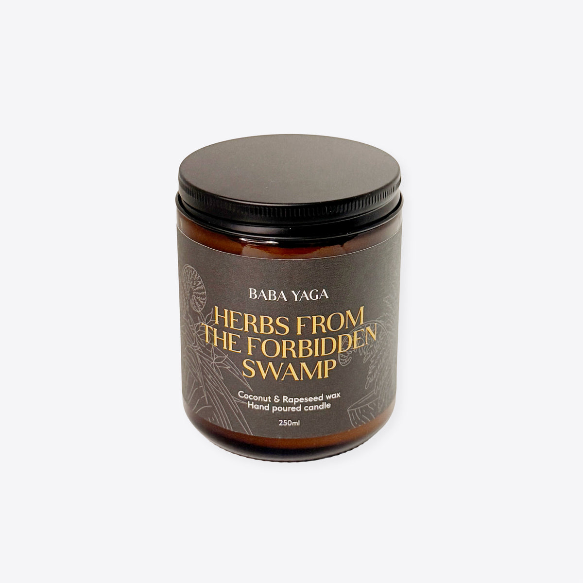 Duftkerze Baba Yaga «Herbs from the Forbidden Swamp» im Bernsteinglas, schwarzer Deckel, 250 ml