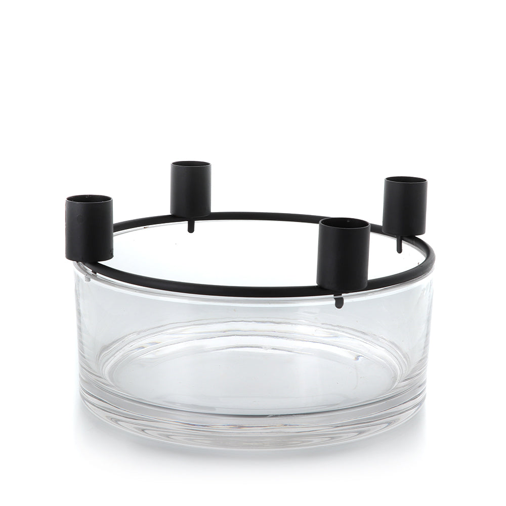 Kerzenhalter-Ring MODERN von Balthasar, schwarz, für 4 Stabkerzen – Abbildung mit Glasschale (Glas nicht im Lieferumfang)