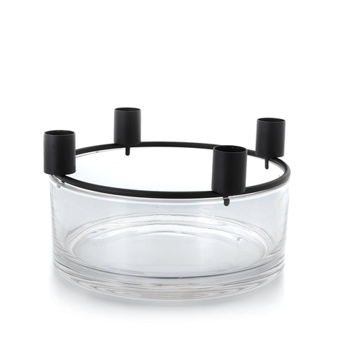 Kerzenhalter-Ring MODERN von Balthasar, schwarz, für 4 Stabkerzen – Abbildung mit Glasschale (Glas nicht im Lieferumfang)