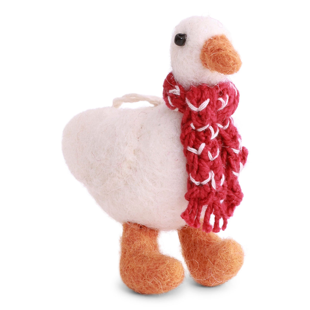 Weisse Filz-Gans mit rot-weiss gestricktem Schal und orangen Füssen von Gry & Sif
