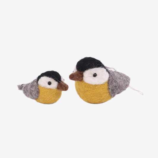 Filzvögel Gelb, 2er-Set (Gry & Sif) – grosser und kleiner Vogel, gelbe Brust, graue Flügel