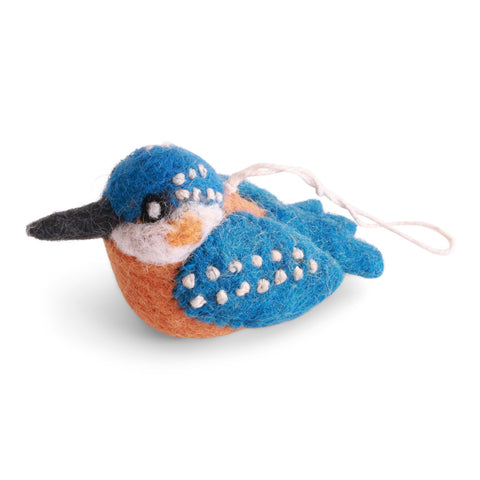 Filz-Eisvogel von Gry & Sif – blauer Rücken mit weissen Tupfen, orange Brust, mit Schlaufe