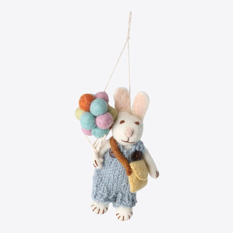 White Bunny Boy with Blue Pants and Balloons – Handmade from felt by Gry &amp; Sif