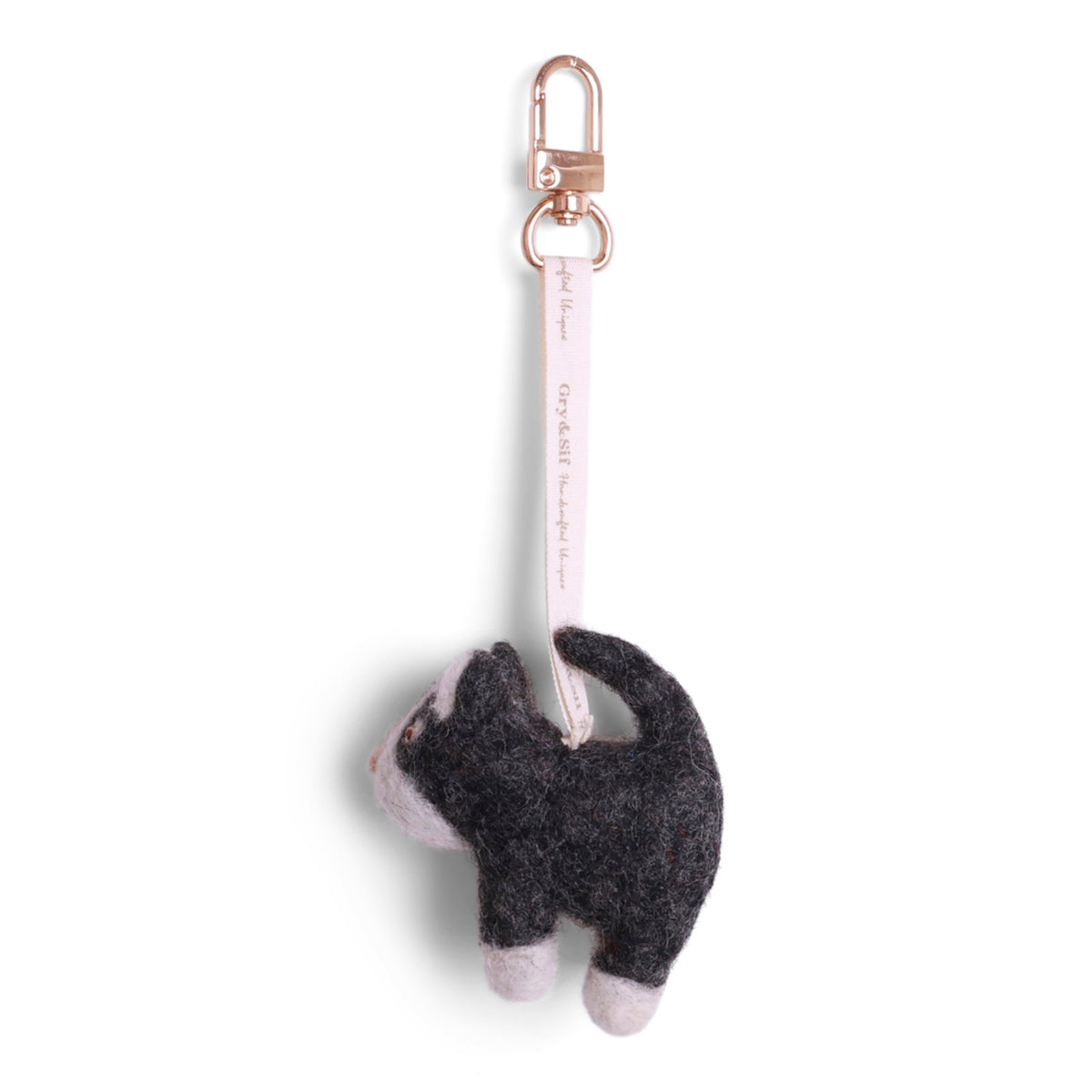 Schlüsselanhänger von Gry & Sif mit dunkelgrauer Filz-Katze, rosa Band und Karabiner
