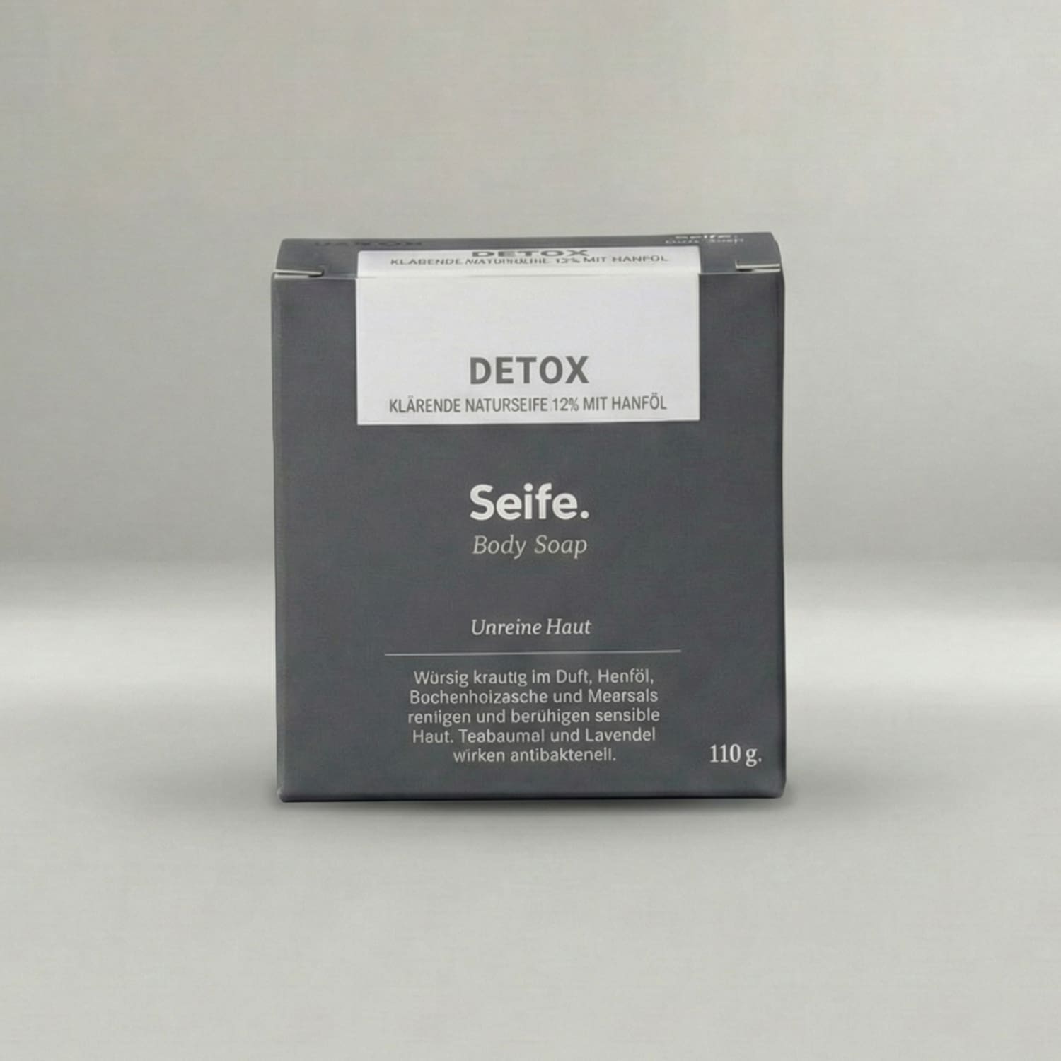Naturseife Detox – graue Kartonschachtel mit Aufschrift «Detox – Seife – Body Soap», 110 g