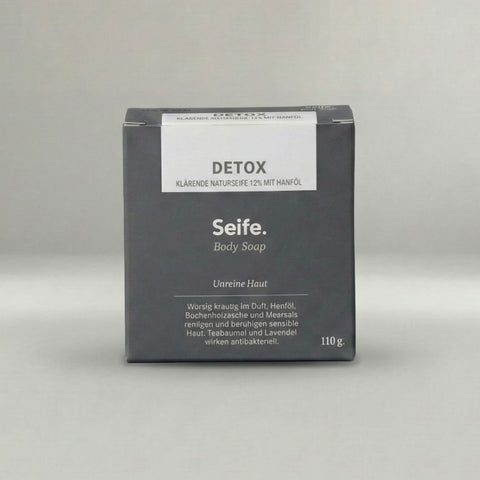Naturseife Detox – graue Kartonschachtel mit Aufschrift «Detox – Seife – Body Soap», 110 g