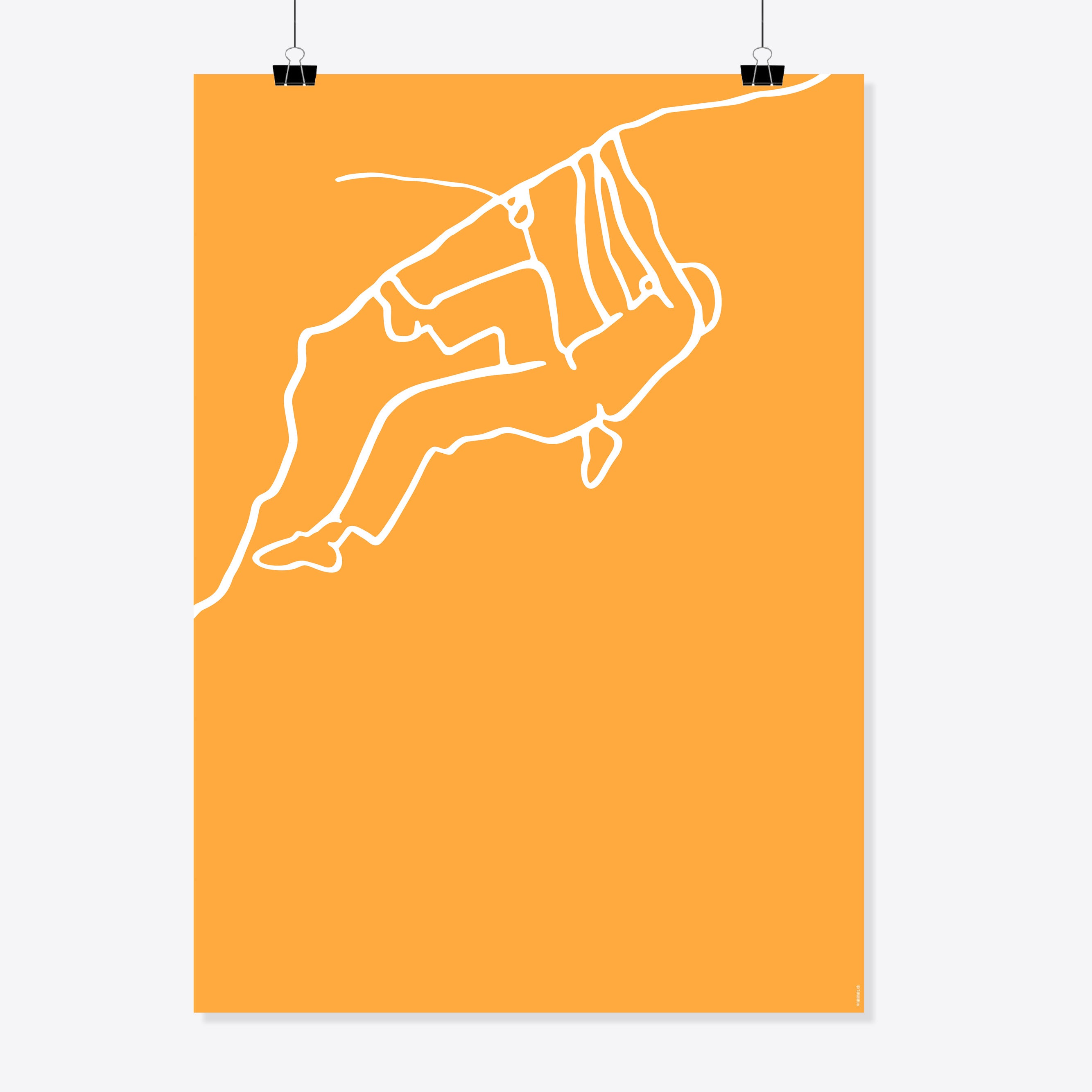 NaniManu Plakat «Klettern» – weisse Linienzeichnung: Kletterfigur hängt an einer Felskante, auf sonnengelb-orangem Grund