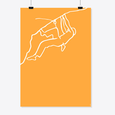 NaniManu Plakat «Klettern» – weisse Linienzeichnung: Kletterfigur hängt an einer Felskante, auf sonnengelb-orangem Grund