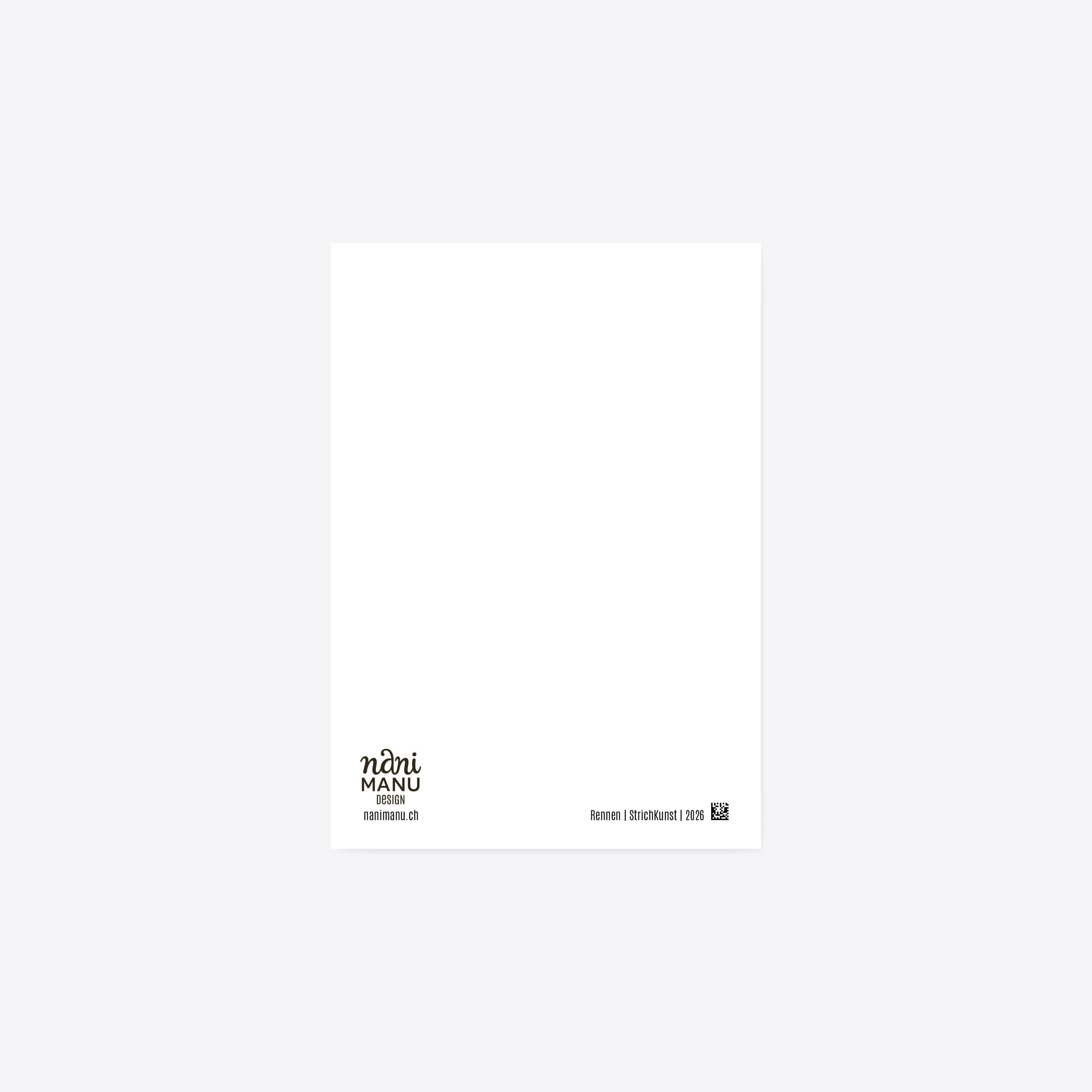 Rückseite der NaniManu Postkarte «Rennen» – Logo, nanimanu.ch und QR-Code, Platz für deine Grüsse