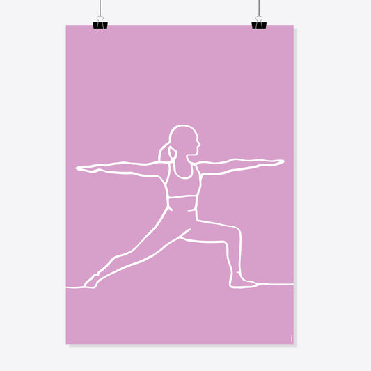 NaniManu Plakat «Yoga» – weisse Linienzeichnung einer Yogafigur in der Krieger-Pose mit ausgestreckten Armen auf fliederfarbenem Grund