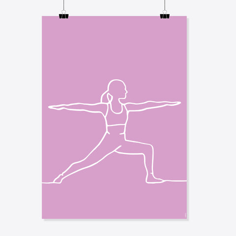 NaniManu Plakat «Yoga» – weisse Linienzeichnung einer Yogafigur in der Krieger-Pose mit ausgestreckten Armen auf fliederfarbenem Grund