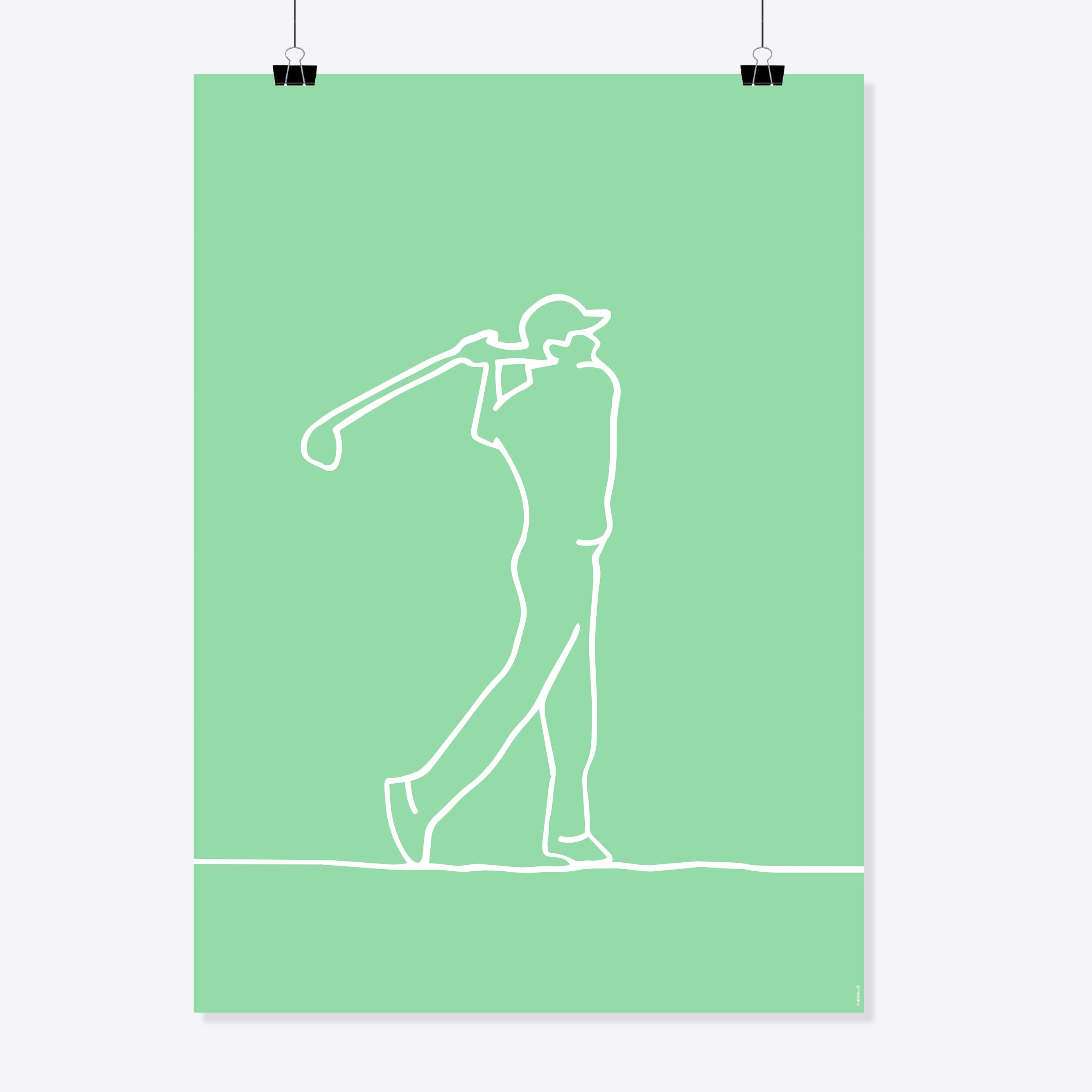 NaniManu Plakat «Golf» – weisse Linienzeichnung eines Golfers mit Cap im Ausschwung auf hellgrünem Grund