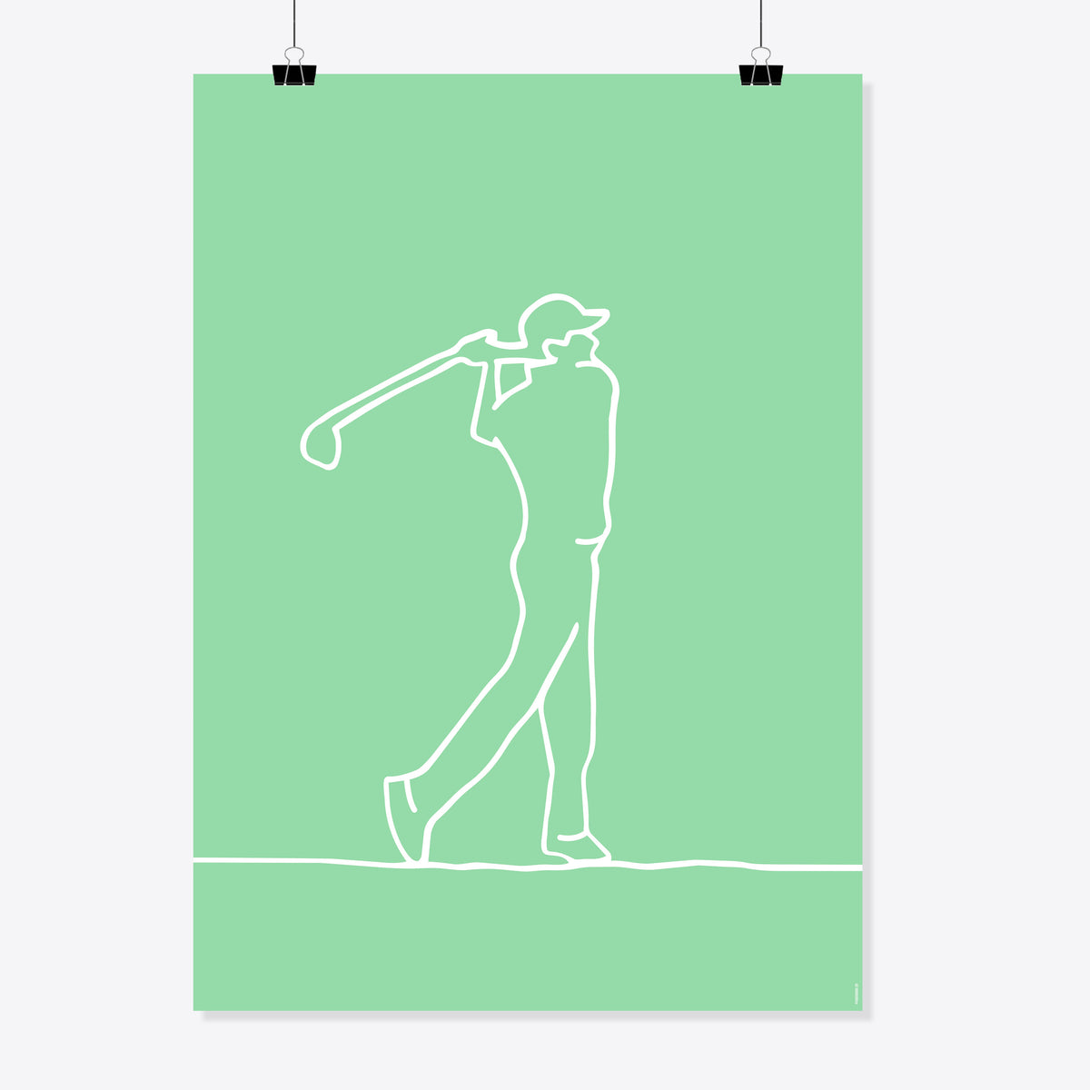 NaniManu Plakat «Golf» – weisse Linienzeichnung eines Golfers mit Cap im Ausschwung auf hellgrünem Grund