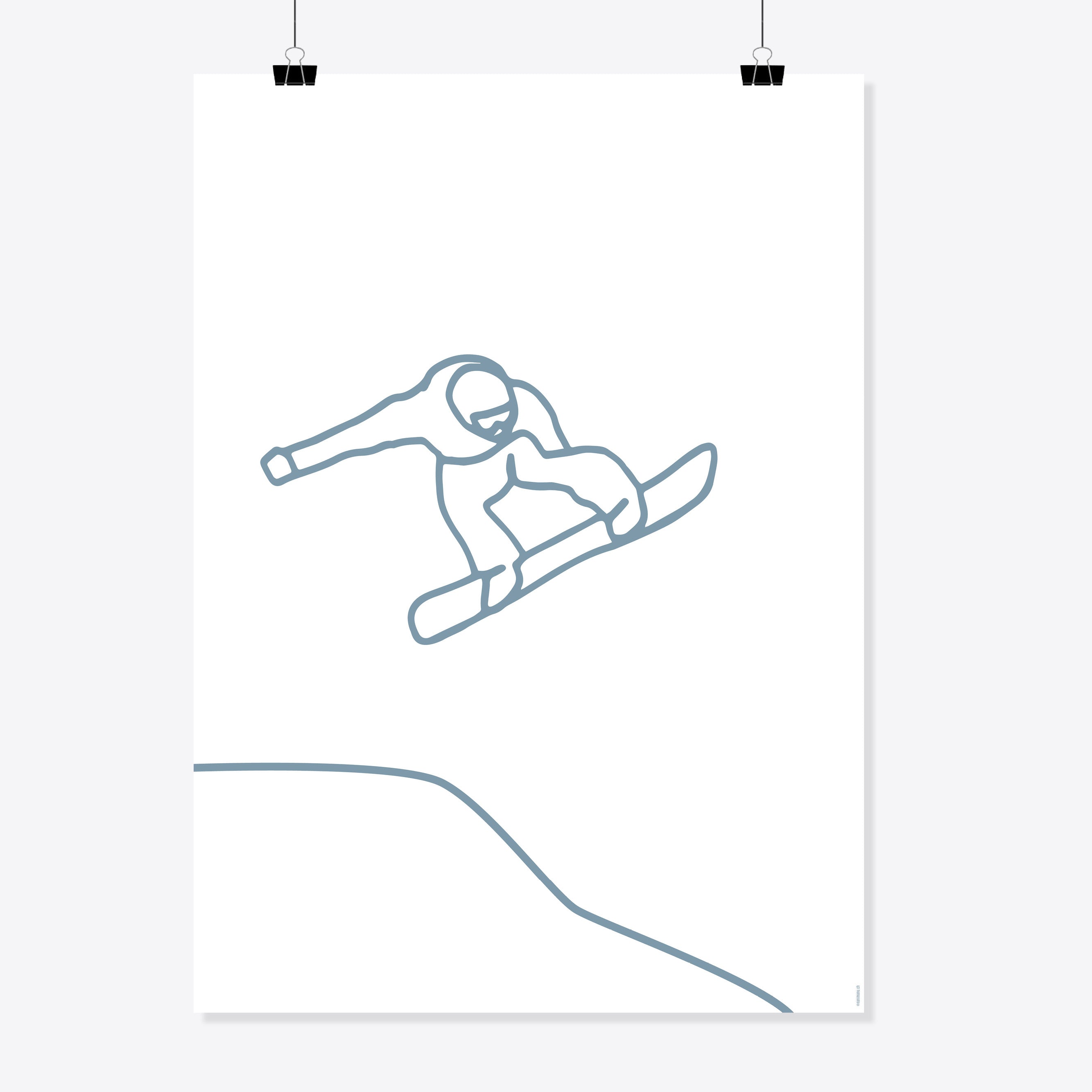 NaniManu Plakat «Snowboarden» – graublaue Linienzeichnung einer Snowboard-Figur im Sprung über der Hangkante auf weissem Grund