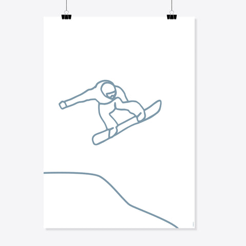 NaniManu Plakat «Snowboarden» – graublaue Linienzeichnung einer Snowboard-Figur im Sprung über der Hangkante auf weissem Grund