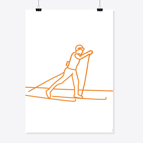 NaniManu Plakat «Langlauf» – orange Linienzeichnung einer Figur im Diagonalschritt auf Langlaufskiern, weisser Grund
