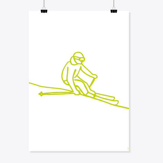 NaniManu Plakat «Skifahren» – gelbgrüne Linienzeichnung einer Skifahrer-Figur mit Skibrille in der Hocke, weisser Grund