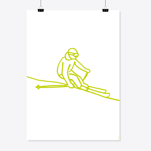 NaniManu Plakat «Skifahren» – gelbgrüne Linienzeichnung einer Skifahrer-Figur mit Skibrille in der Hocke, weisser Grund