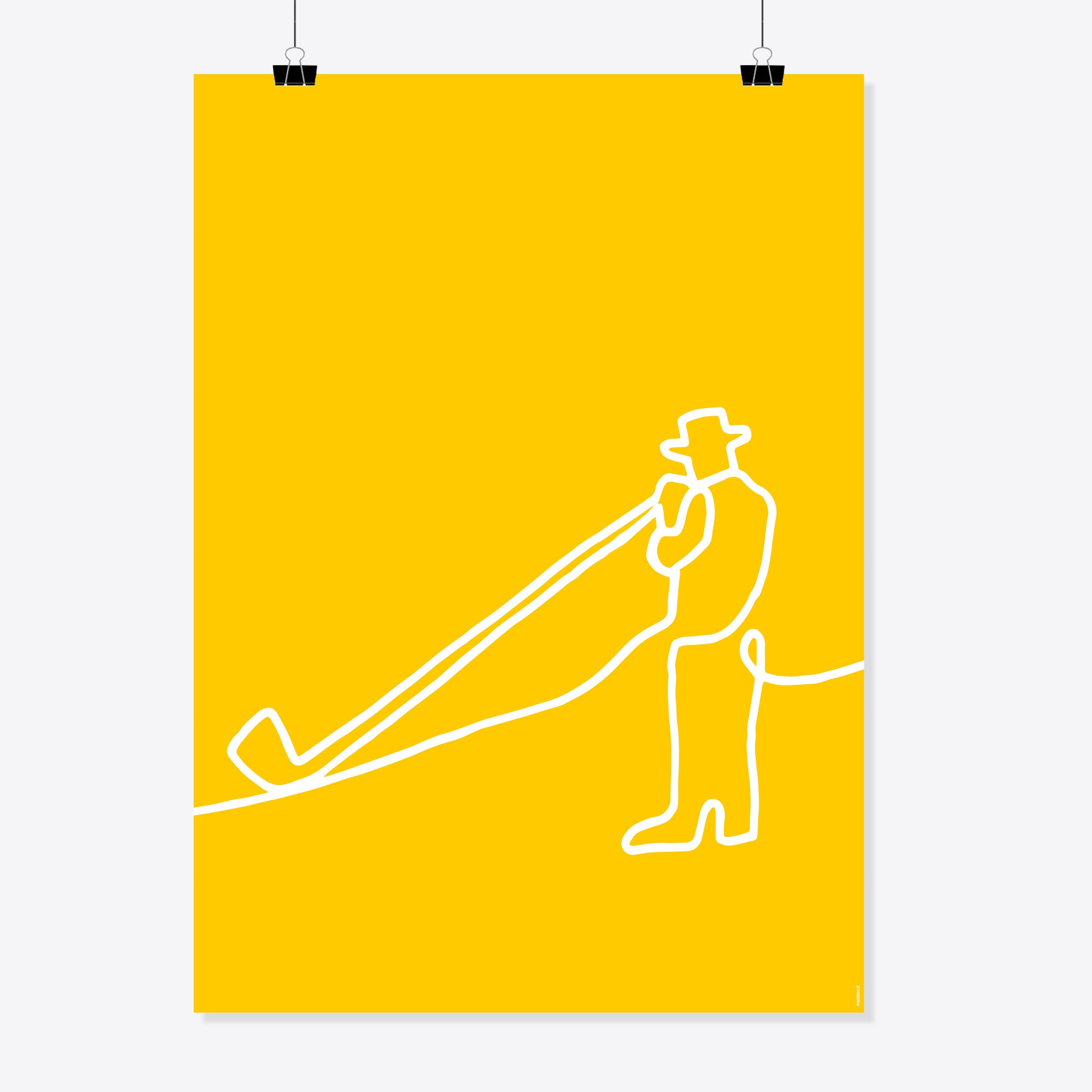 NaniManu Plakat «Alphorn» – weisse Ein-Linien-Zeichnung eines Alphornbläsers mit Hut auf sonnengelbem Grund
