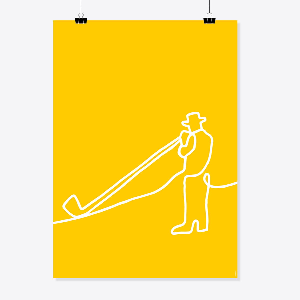 NaniManu Plakat «Alphorn» – weisse Ein-Linien-Zeichnung eines Alphornbläsers mit Hut auf sonnengelbem Grund
