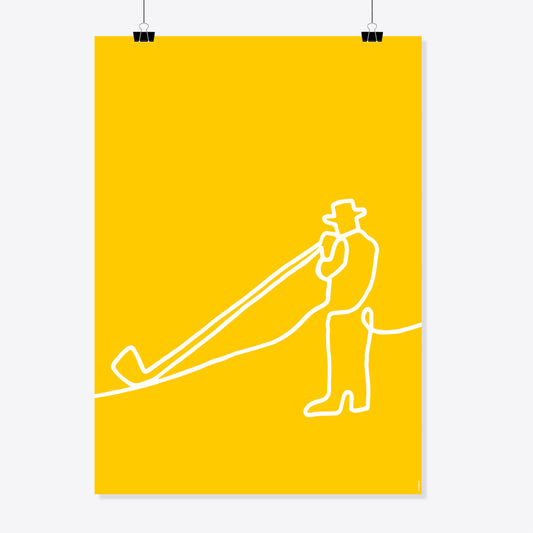 NaniManu Plakat «Alphorn» – weisse Ein-Linien-Zeichnung eines Alphornbläsers mit Hut auf sonnengelbem Grund