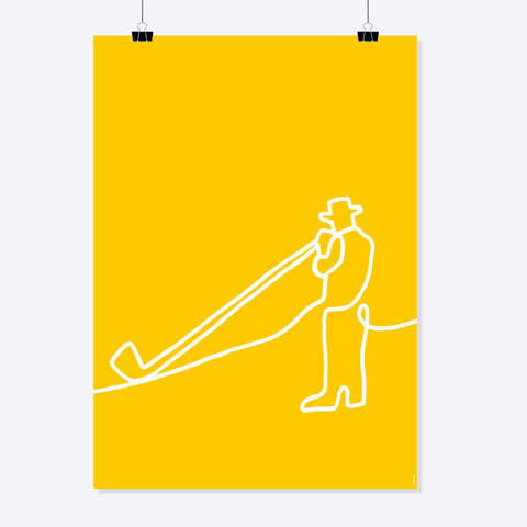 NaniManu Plakat «Alphorn» – weisse Ein-Linien-Zeichnung eines Alphornbläsers mit Hut auf sonnengelbem Grund