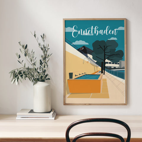 Vintage Ennetbaden Heisse Brunnen - Poster / Plakat - Ansicht mit Bilderrahmen
