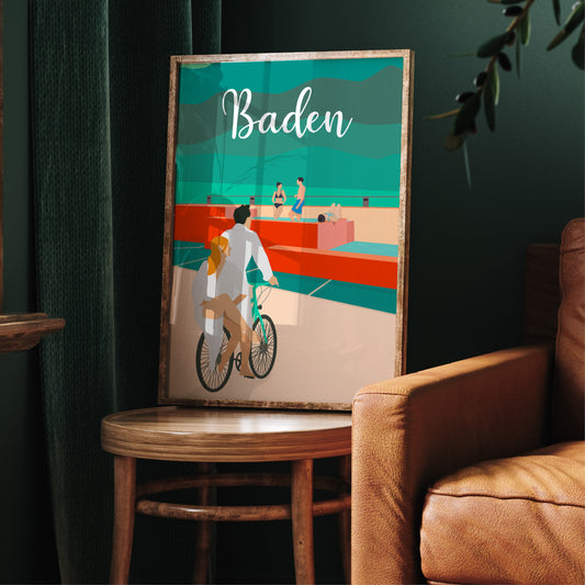 Vintage Baden – Heisse Brunnen-02 – Plakat / Poster im Rahmen