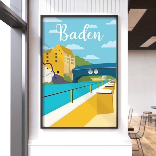 Vintage Baden – Landvogteischloss-Holzbrücke – Poster im Bilderrahmen