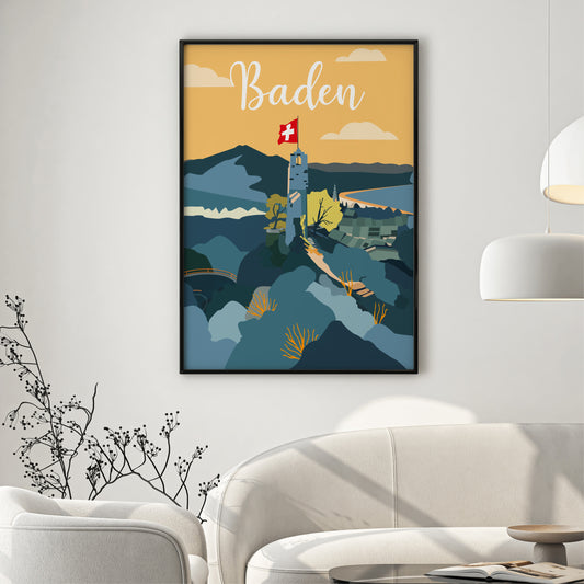 Vintage Baden – Ruine Stein Poster mit Rahm hängt über dem Sofa.