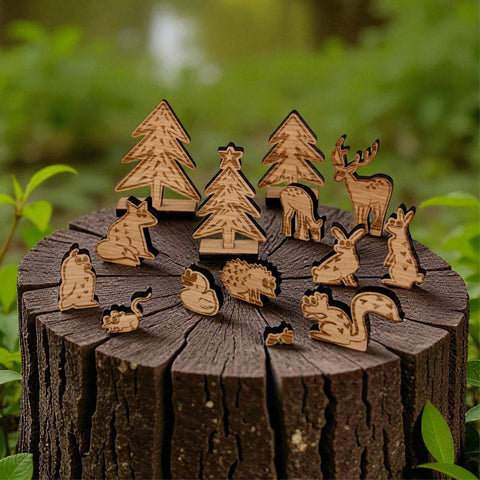 WaldBaden – Figürchen-Set – 10 Tiere – 3 Bäume