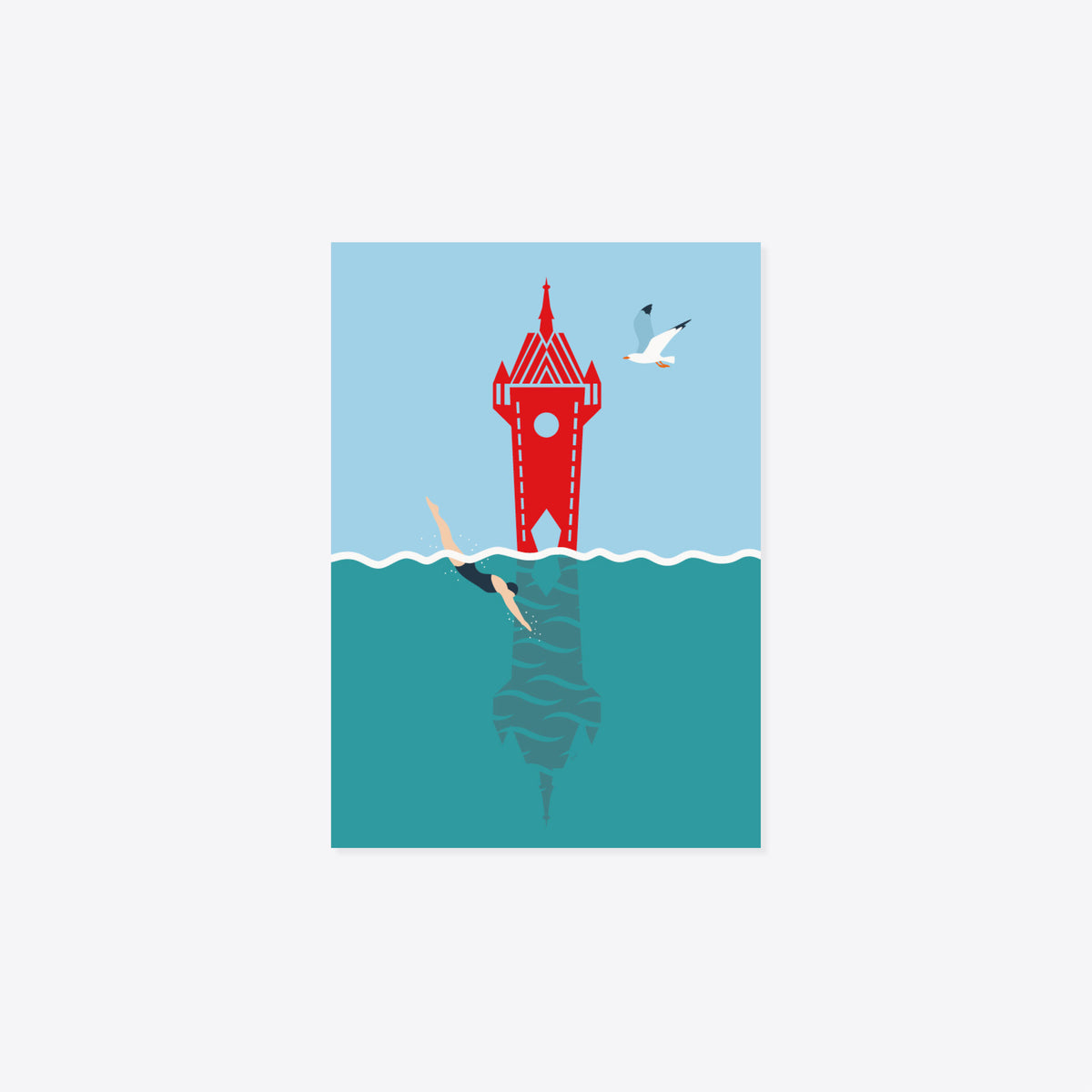 Stadtturm Baden – Springende mit Möve – Postkarte – A6