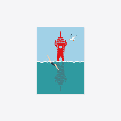 Stadtturm Baden – Springende mit Möve – Postkarte – A6