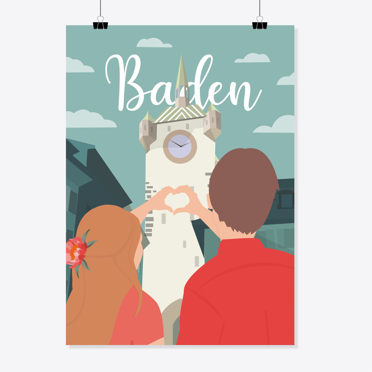 Poster «Stadtturm Baden Liebende» von Reana.Design mit Clips aufgehängt – Paar formt mit den Händen ein Herz vor dem Stadtturm