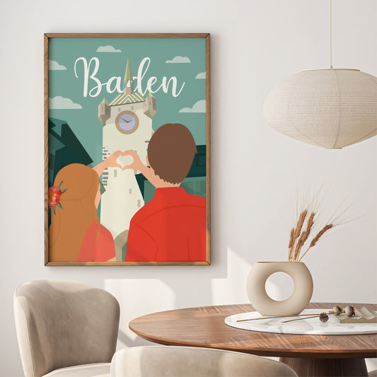 Gerahmtes Poster «Stadtturm Liebende» von Reana.Design im Esszimmer mit rundem Holztisch, Vase mit Ähren und Papierlampe