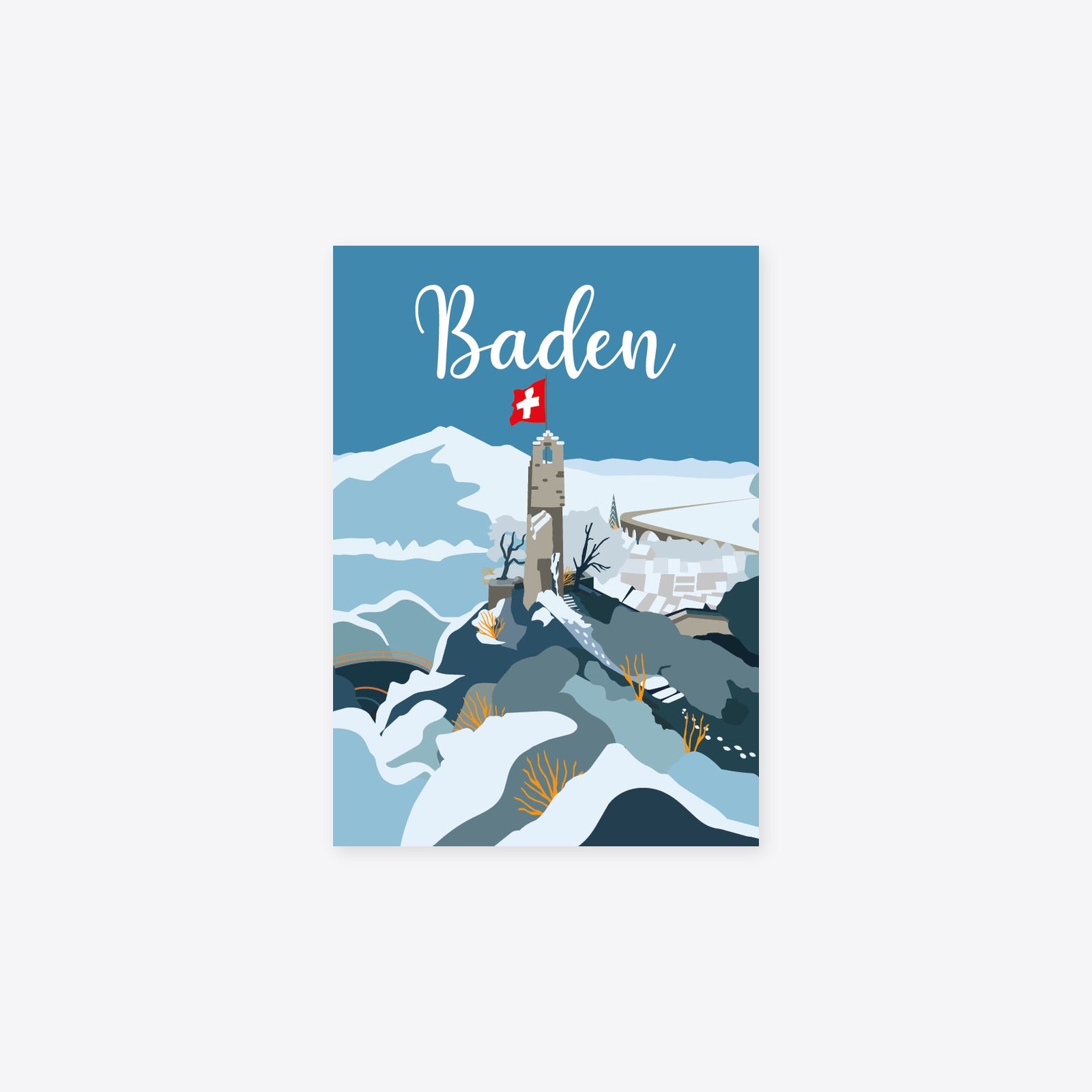 Postkarte A6 «Vintage Baden Ruine Stein Winter» – verschneite Burgruine mit Schweizerfahne über den weissen Dächern von Baden