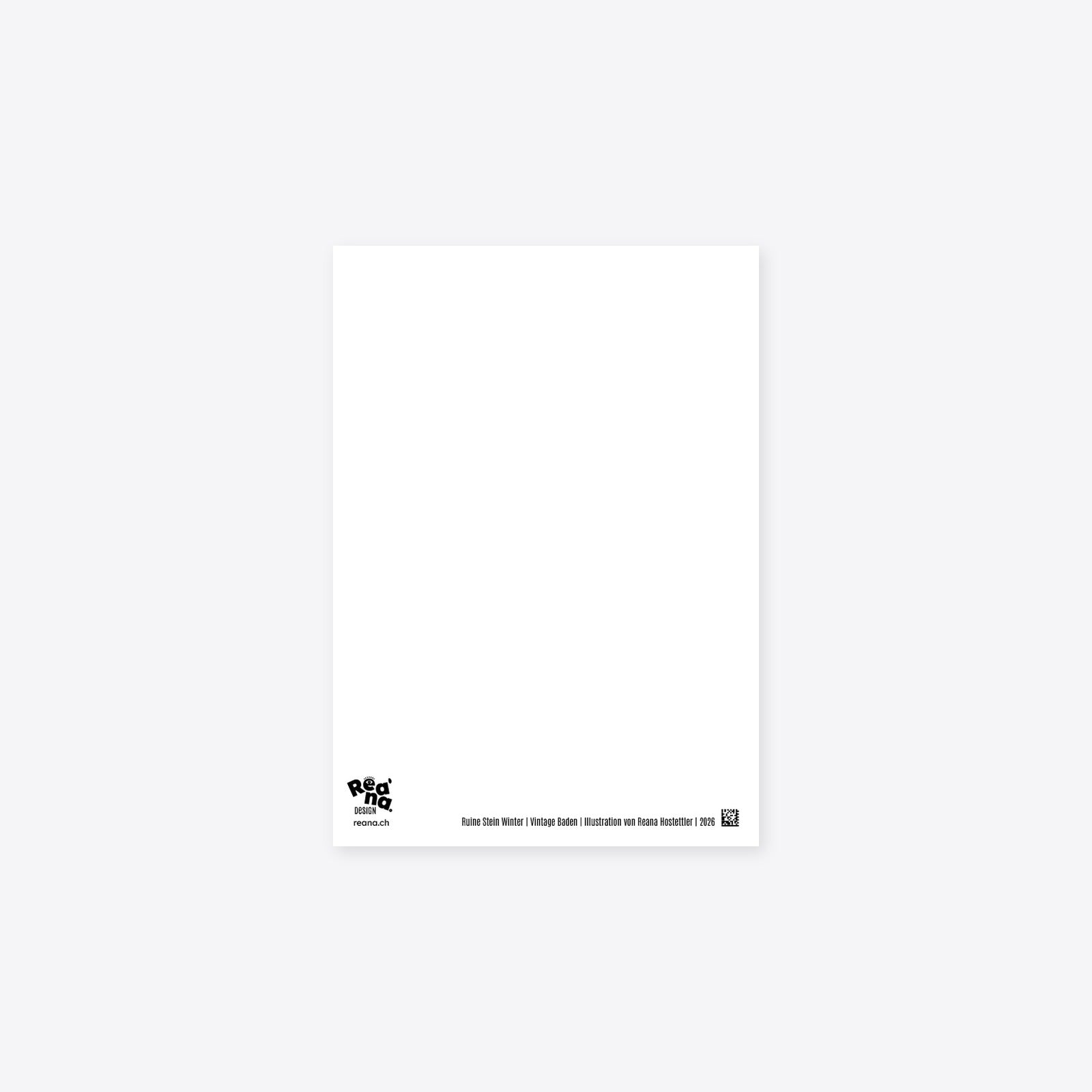 Rückseite der Postkarte «Ruine Stein Winter» – frei zum Beschreiben, mit Reana.Design-Logo und Matrix-Code