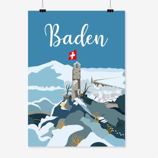Poster «Vintage Baden Ruine Stein Winter» von Reana.Design mit Clips aufgehängt – verschneite Burgruine mit Schweizerfahne über Baden