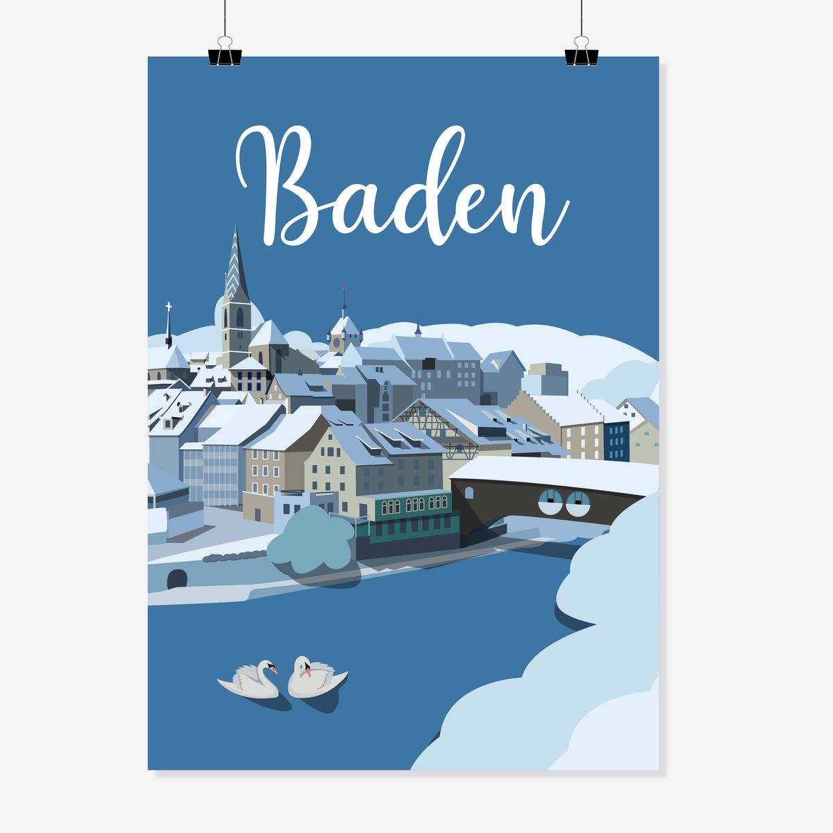 Poster «Vintage Baden Altstadt Winter» von Reana.Design mit Clips aufgehängt – verschneite Altstadt, Holzbrücke und zwei Schwäne auf der Limmat