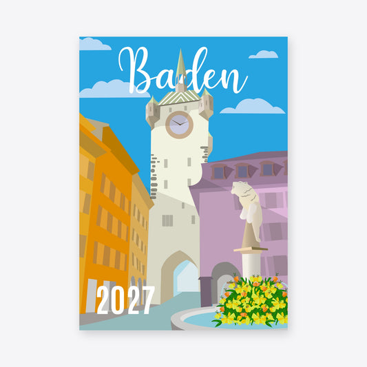 Agenda Stadtturm Baden 2027 A6 – cover with Reana's illustration of the Stadtturm, Baden lettering and the year 2027
