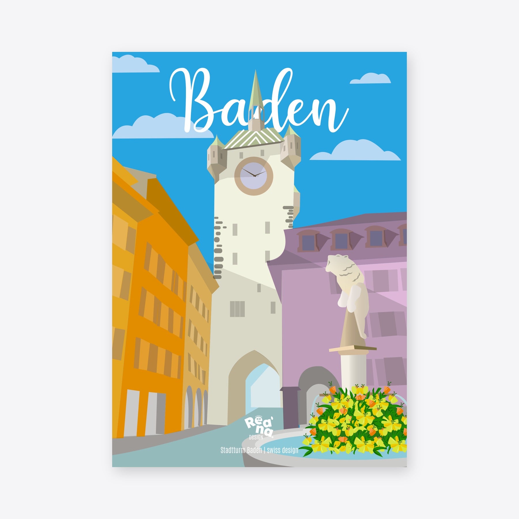 Verso de l'agenda Stadtturm Baden 2027 avec le Stadtturm, les maisons de la vieille ville et le logo Reana Design